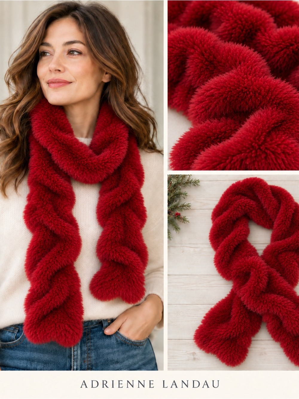 Adrienne Landau Deep Red Ruched Faux Fur Scarf